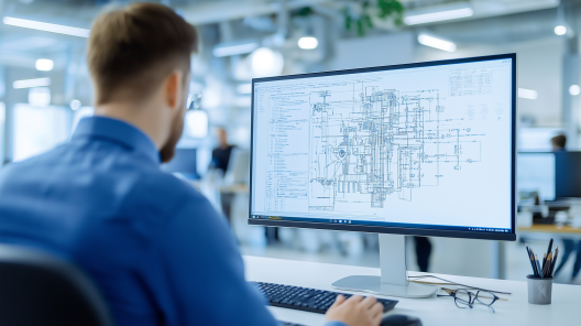 Engineer studying blueprints on a large monitor